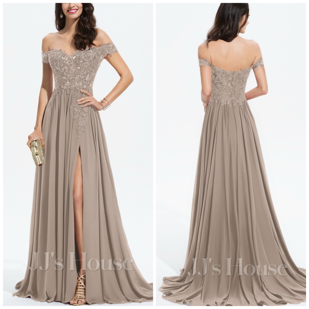 JJ’s House Taupe Off The Shoulder Chiffon Dress